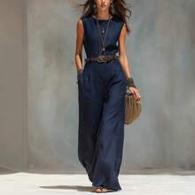 Elegant Sleeveless Round Neck Jumpsuit With Belt & Wide Leg, Casual Vestidos Elegantes For Everyday Wear - 白色 - 查看 3
