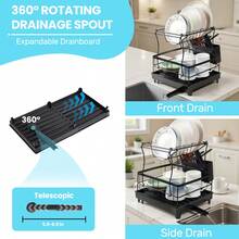Piorlado 2 Tier Dish Drainer Rack - Dish Rack With Utensil Holder For Kitchen Counter, Large Capacity Space-Saving Dish Drying Rack With Draining Board, Extendable, Black - Black - View 3
