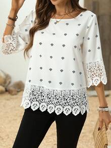 Blusa De Encaje De Cuello Redondo Y Parches Para Mujer - Blanco - Ver 1