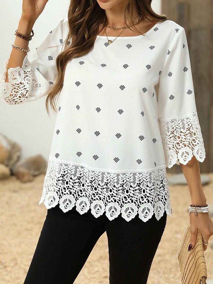 Blusa De Encaje De Cuello Redondo Y Parches Para Mujer - Blanco - Ver 1