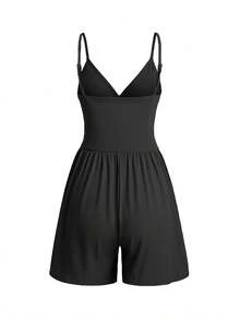TIN corto tipo cami cruzado sin espalda para mujer, mono casual con tirantes finos ajustables y pierna ancha, atuendos de verano 2024, ropa para mujer para uso diario - Negro - Ver 3