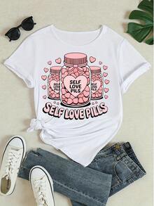 Women's Pure Cotton Short Sleeve T-Shirt Self Love Pills Graphic Print Cute Heart Pattern Casual Summer Top - White - View 4