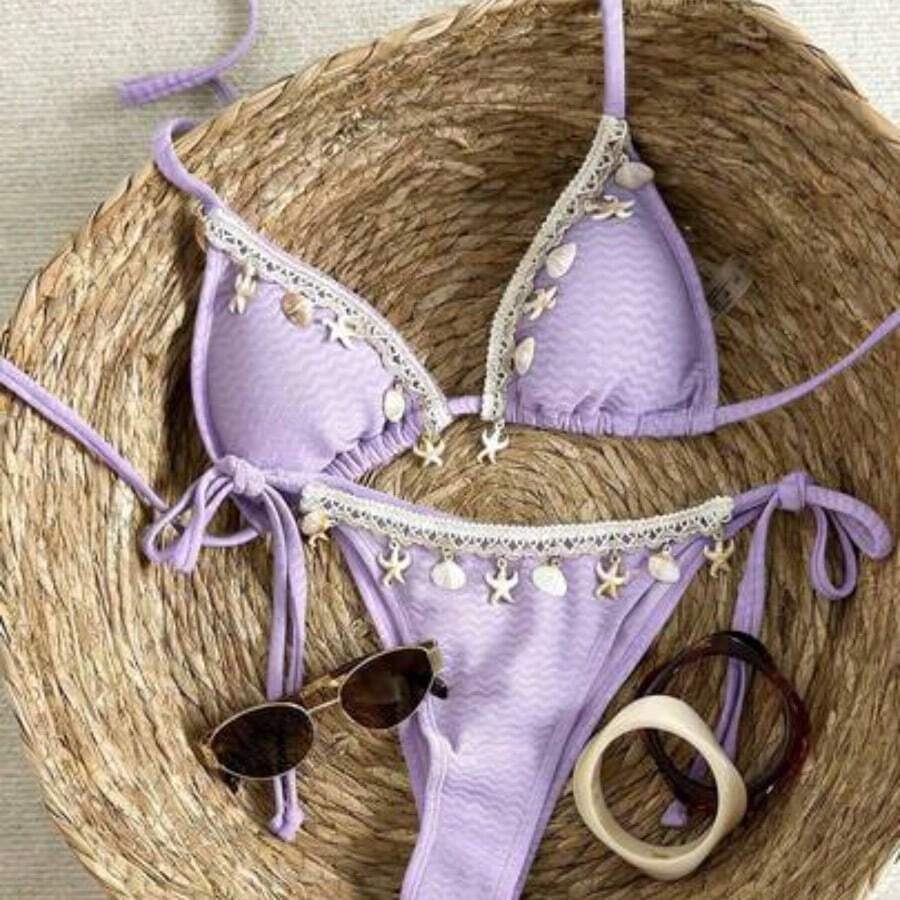 ghadjgyjad Swim Vcay Conjunto de bikini con textura de tela, tirantes tejidos y decoración de conchas marinas para vacaciones de mujer - Morado - Ver 1