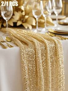 2/1 Pc Gold Sequin Table Runner And Tablecloth Set - Sparkling Gold Wedding, Banquet, Party Decoration - Square Tablecloth, Suitable For Dining Table Centerpiece Decoration, Special Events - Multicolor - View 1