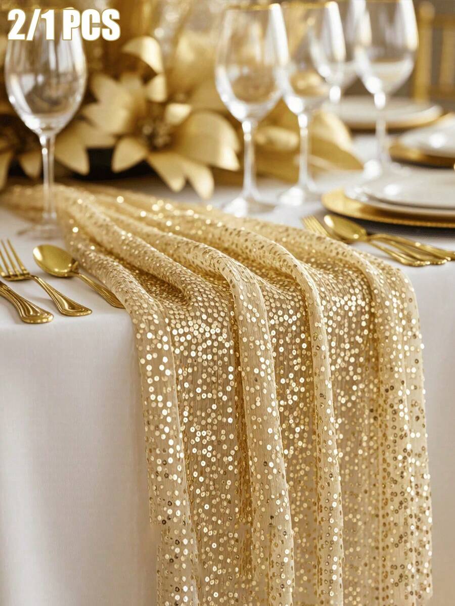 2/1 Pc Gold Sequin Table Runner And Tablecloth Set - Sparkling Gold Wedding, Banquet, Party Decoration - Square Tablecloth, Suitable For Dining Table Centerpiece Decoration, Special Events - Multicolor - View 1