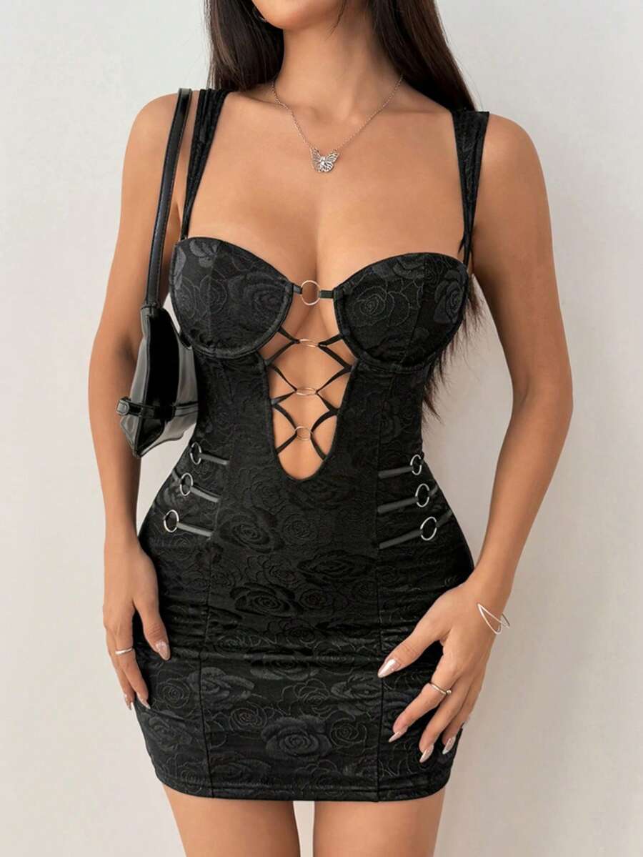 Nuevo Vestido Ceñido Calado con Aros Decorativos - Negro - Ver 1