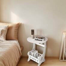 European Style Portable White Side Table | Modern Minimalist Round Bedside Table | Multifunctional Mini Coffee Table With Storage Basket And Open Shelf | Space-Saving Design | Easy To Assemble Durable Furniture, Suitable For Home, Bedroom, Living Room And Travel | Phone Holder Bedside Table - View 5