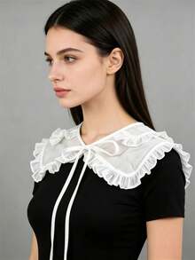 DA FEN QI MI MA 1 Pc White Ruffled Detachable Fake Collar, With Bow Tie, Sweet Peter Pan Neckline Accessory For Blouses And Dresses - White - View 3
