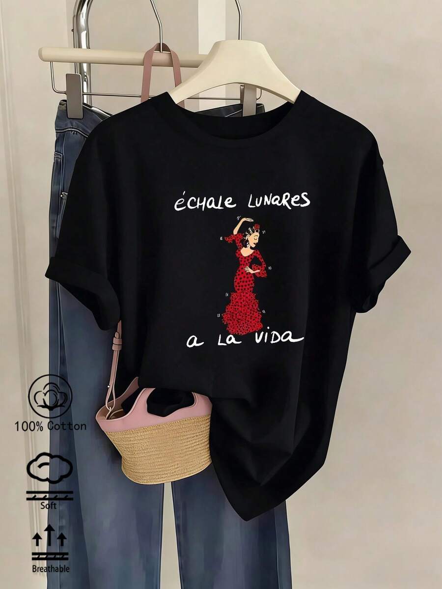 Women's Short Sleeve Round Neck Cotton Tee With Drop Shoulder For A Casual Look, Rib-Knit Details And Fun Graphic Make It Perfect For Daily Wear - Black - View 1