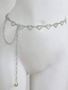 1pc Hollow Heart-Shaped Rhinestone Waist Chain, Shiny Adjustable Body Chain, Women's Dress Accessory - Silver - View 7