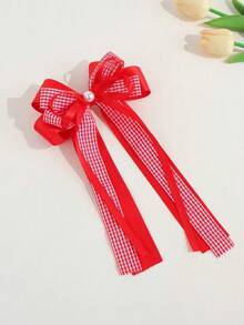 1pc Girls Casual Versatile Preppy Style Blue Plaid Bow Ribbon Half-Up Ponytail Hair Clip Suitable For Campus And Daily Use - Burgundy - View 4