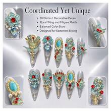 10 Pieces Handmade Press Nails, Reusable Fake Stilettos Luxurious Gemstone Crystal Design, Full Cover Adhesive Tape DIY Women's Manicure Tool Kit(Long Ladder(XS)) - Long Ladder(XS) - View 6