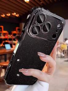 奢華亮片電鍍 PC 透明手機殼，適用於 iPhone 17 ProMax 16 15 14 13 12 11 Pro Max，防震硬殼背蓋 - 黑色 - 查看 3
