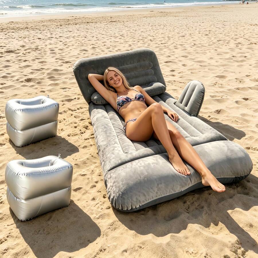 3-In-1 Soft Fluffy Inflatable Mattress With Dual Foot Pump, Inflatable Sofa Bed, Foldable Home Sofa, Portable Outdoor Bed (Suitable For Sleep And Naps), Adjustable Bed Type, Suitable For Living Room/Bedroom/Study/Outdoor Sleep/Beach