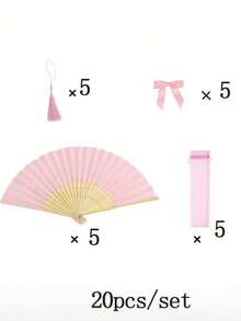 4pcs Value Set! Pink Bamboo Fan + Tassel + Bow + Storage Bag. Suitable For Wedding/Party/Daily Use. - Multicolor - View 16