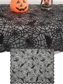 Halloween Spinnennetz Cut Out Spitze Tischdecke, Spinnennetz & Fledermaus Muster Polyester Tischdecke, Halloween Feiertagsparty Tischdekoration, Perfekt für Feiertags-Heimdekoration und Halloween Partydekoration, Geeignet für Tischdekoration und Lampendekoration - Mehrfarbig - Übersicht 1