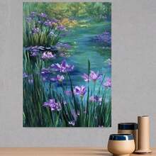 Póster plano 2D, 2D plano, 2D plano de 1 pieza con marco de madera de arte vintage que muestra la pintura al óleo de  de Agapanthus púrpura en el estilo de Claude , perfecto para la decoración del hogar en Navidad y Nochebuena - Enmarcado - Ver 3