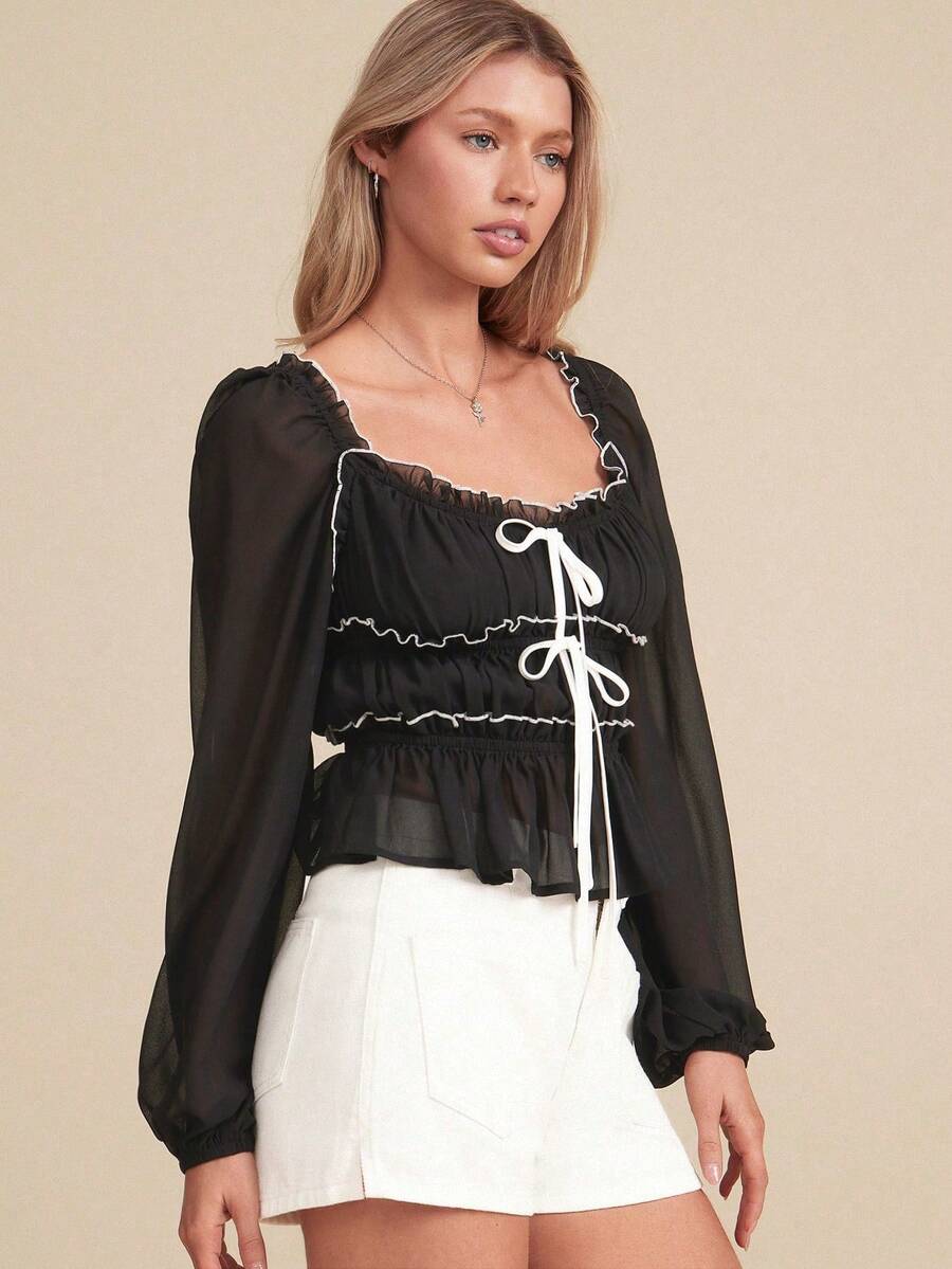 2026 Blusa de manga larga de YORYU CHIFFON con lazo delantero - Negro - Ver 1