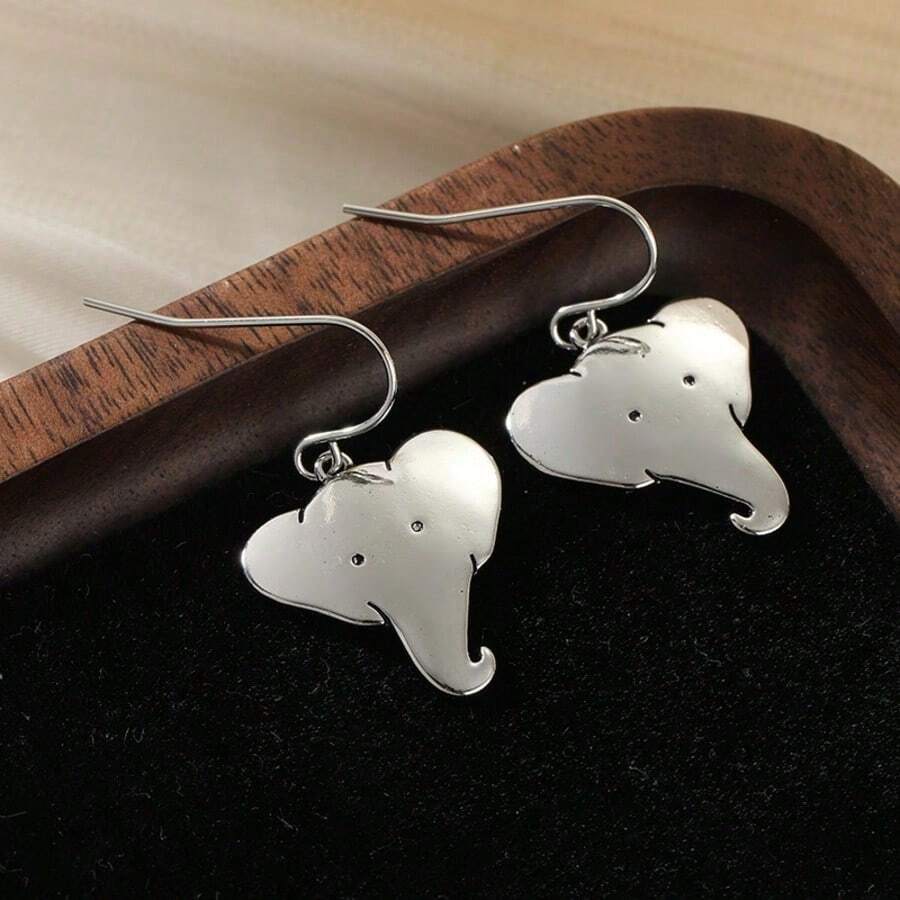 1 Pair Cute Elephant Head Dangle Earrings, Silver Minimalist Animal Swing Earrings, Suitable For Women - Silver - View 1