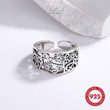 925 Sterling Silver Vintage Hollow Flower Design Open Ring, Smooth Finish, Adjustable, Suitable For Daily Wear, Party, Gift For Family And Friends, Birthday, Holiday - Gift Box - Antique Silver - View 4