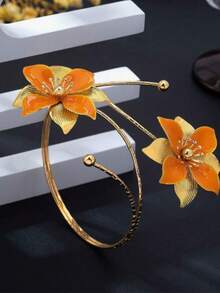 1pc Flower Pendant Fashionable Open Cuff Bracelet Decor, Elegant Style For Women - Gold - View 2