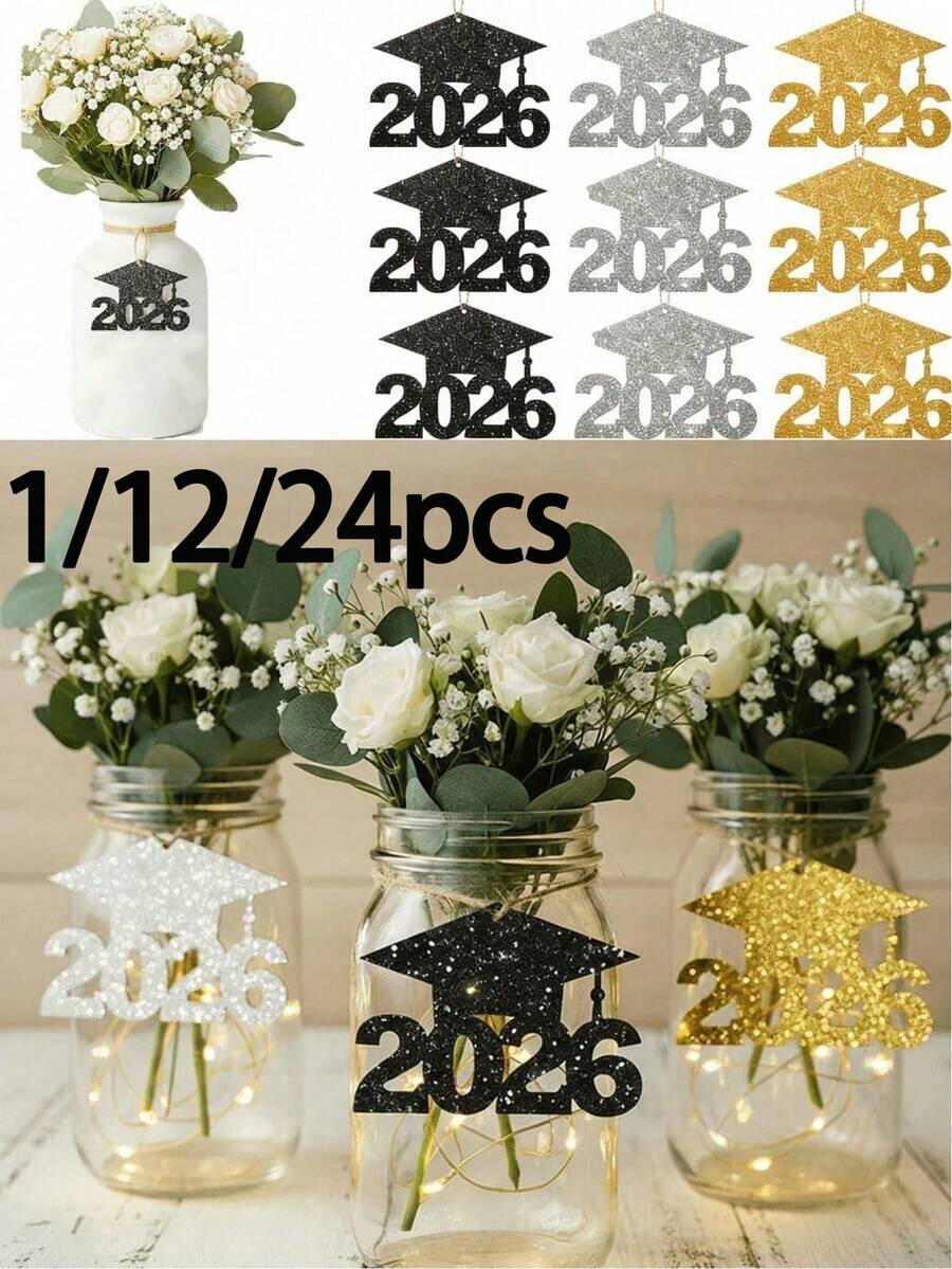 1/12/24 piezas Decoraciones para Fiesta de Graduación 2026 - Etiquetas de Gorro de Graduación con Brillo, Centros de Mesa de Florero de Papel Colorido, Material de Papel, Adecuado para Centros de Mesa de Ceremonia de Graduación, Decoración de Fiesta de Graduación - Multicolor - Ver 1
