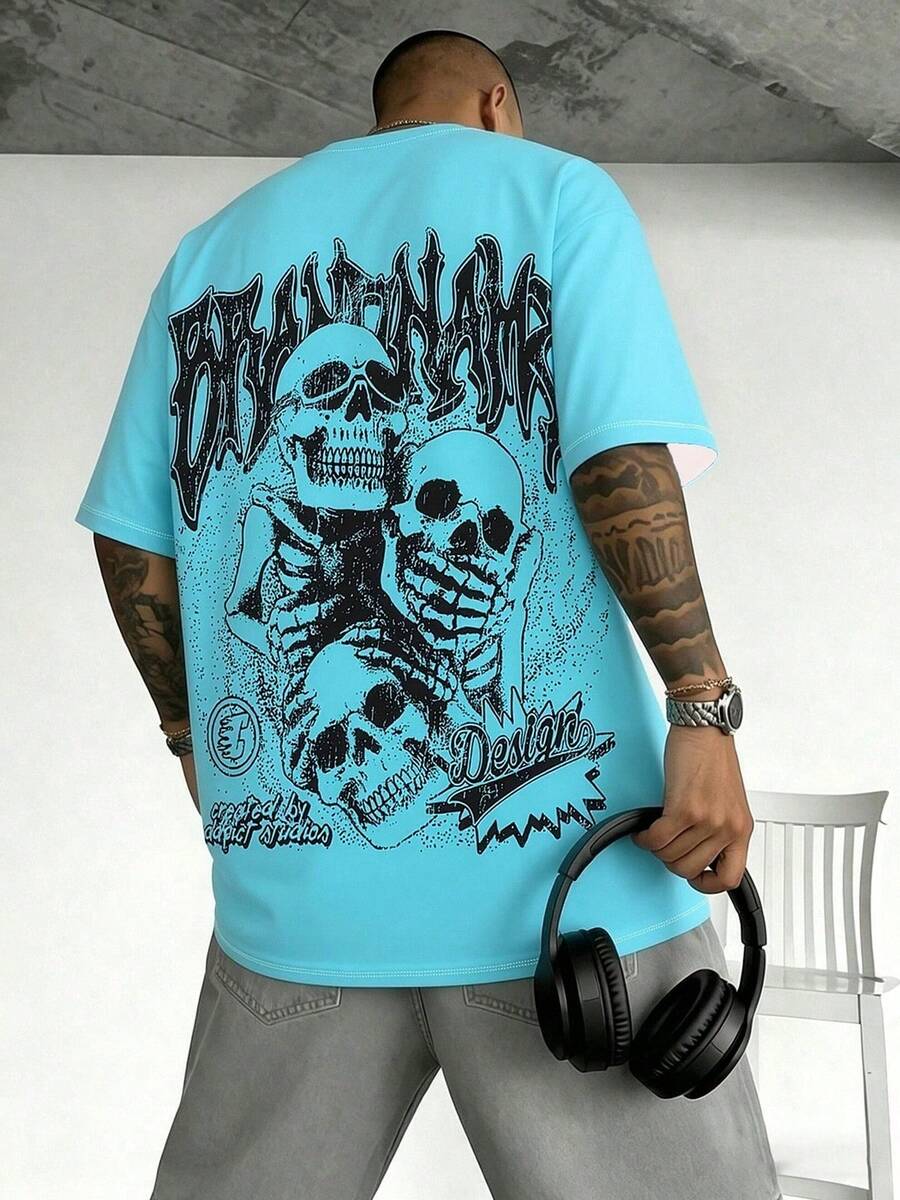 Men's Crew Neck T-Shirt With Graphic Print - Baby Blue - View 1