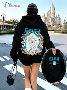 Disney Frozen Elsa Floral Hoodie, Casual Oversized Pullover, Ideal For Disney Vacations, Daily Wear & Casual Gifting Occasions - Black - View 1