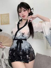 Conjunto de quimono elegante estilo japonês com pintura a tinta, peça única, traje sofisticado e elegante, ideal para cosplay, festas, apresentações e festivais. - Multicolorido - Ver 3