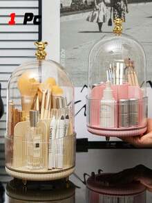 1pc 360° Creative Makeup Brush Holder With Transparent Cover, Rotating Desktop Brush Rack, Tabletop Makeup Brush Organizer, Cosmetic Storage Box With Compartments - Multicolor - View 1