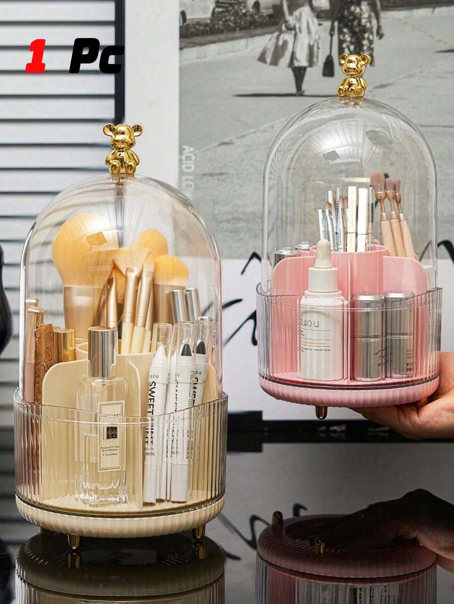 1pc 360° Creative Makeup Brush Holder With Transparent Cover, Rotating Desktop Brush Rack, Tabletop Makeup Brush Organizer, Cosmetic Storage Box With Compartments - Multicolor - View 1