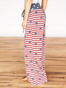 Nuevo modelo 2026:Pantalones con estampado de la bandera estadounidense y estilo casual de pierna ancha. - Albaricoque - Ver 3