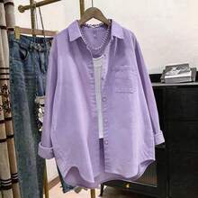 Plus Size Women's Solid Color Pocket Front Button-Down Casual Shirt - Mauve Purple - View 4