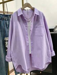 Plus Size Women's Solid Color Pocket Front Button-Down Casual Shirt - Mauve Purple - View 1