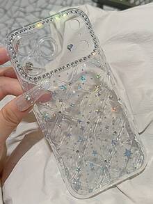 Luxury Quilted Rhinestone Frame With Sparkling Star Transparent Full Coverage Shockproof Phone Case Protective Cover Compatible With IPhone 17 Pro Max 17e 13 14 15 16e - Clear - View 4