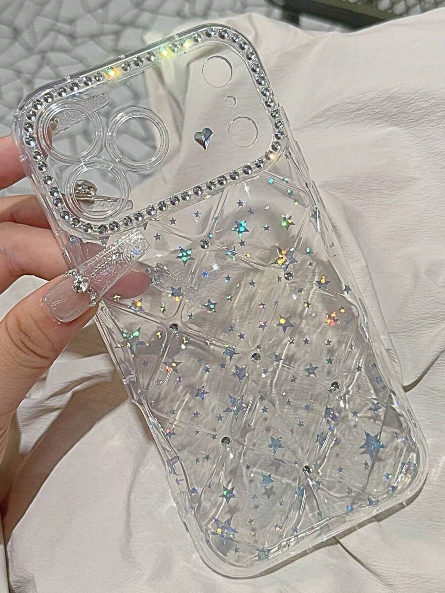 Luxury Quilted Rhinestone Frame With Sparkling Star Transparent Full Coverage Shockproof Phone Case Protective Cover Compatible With IPhone 17 Pro Max 17e 13 14 15 16e - Clear - View 1
