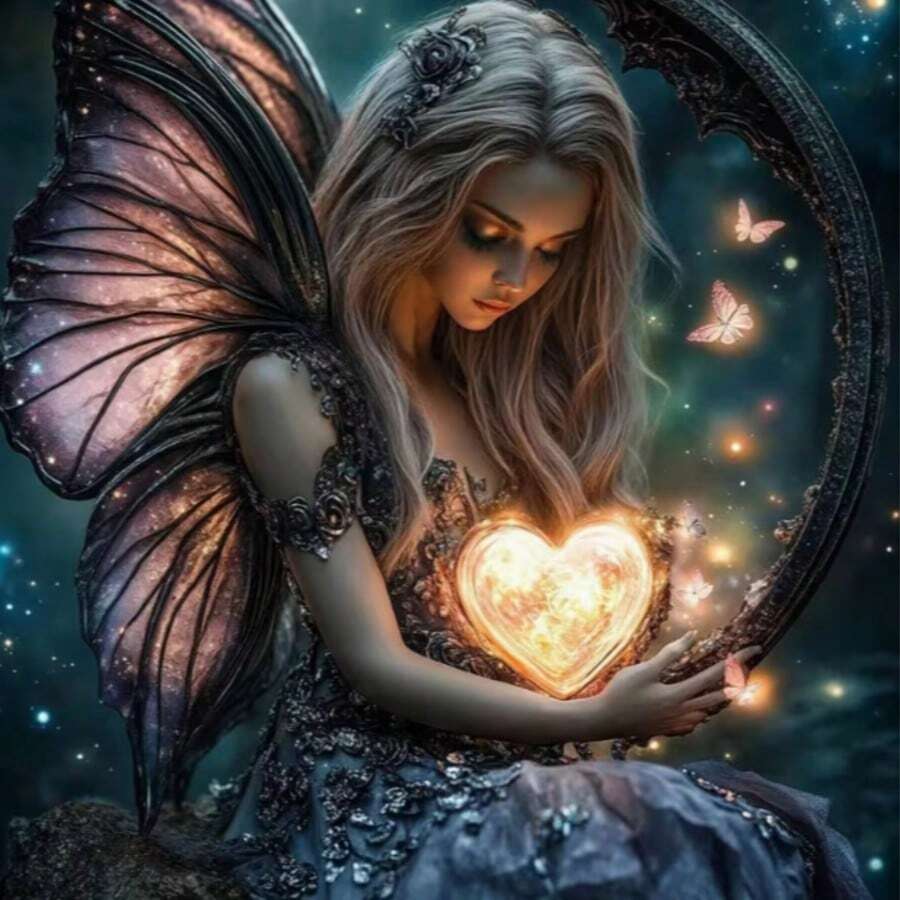 1pc 5D DIY Diamond Painting Kit - Charming Fairy With Heart-Shaped Wings, Full Round And Square Drill, ABS Material, Mysterious Home Decor Art Craft, Diamond Art - View 1