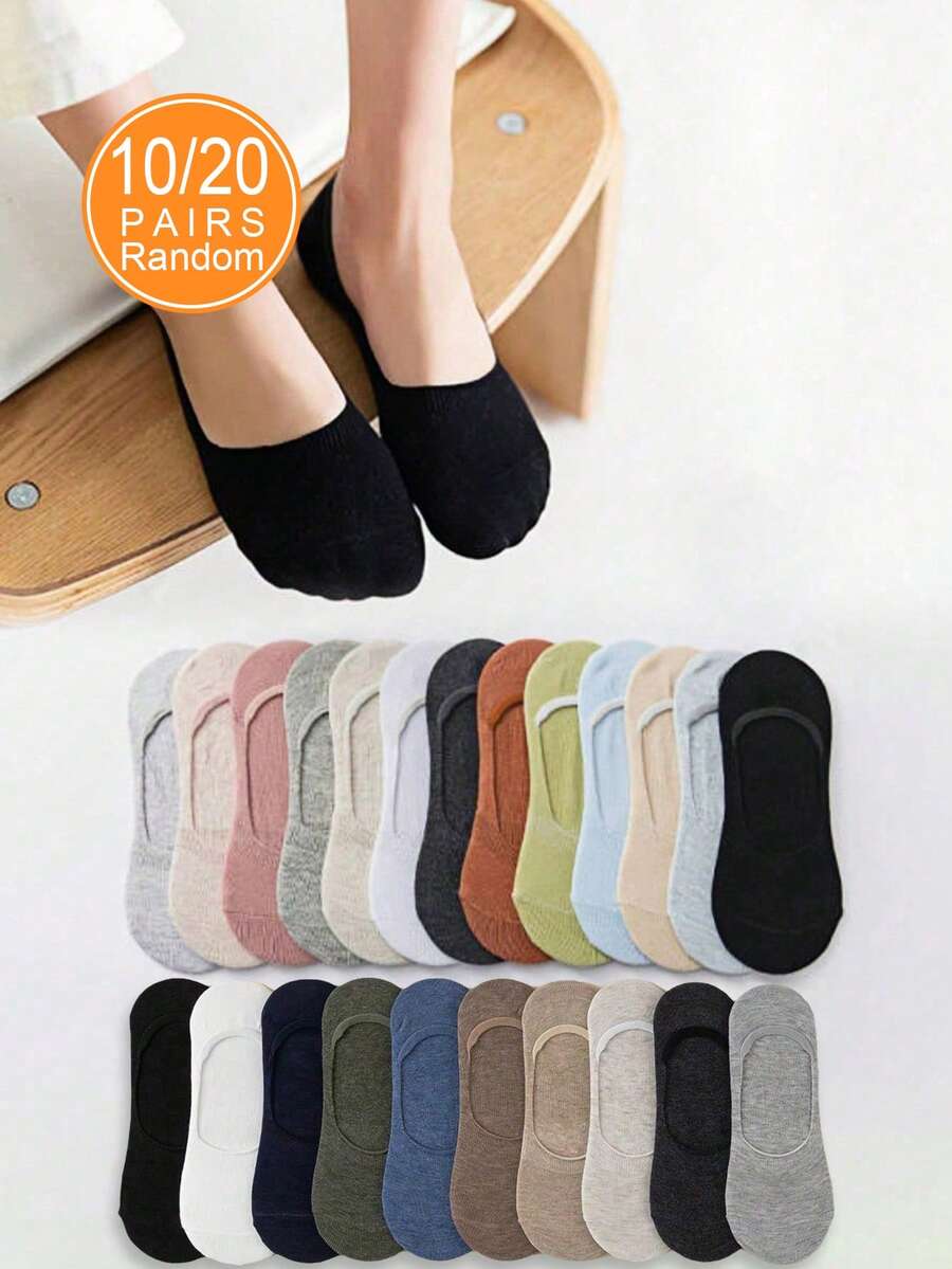 10/20 piezas Calcetines de barco simples y personalizados de colores aleatorios, calcetines invisibles antideslizantes de silicona, adecuados para uso diario, hogar, oficina, regalo casual de Navidad - Multicolor - Ver 1
