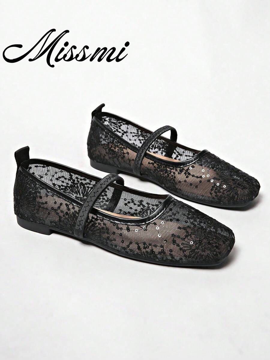 Sepatu Balet Datar Wanita Ujung Bulat dengan Tali Jala dan Gesper, Desain Kasual Serbaguna Terbaru - Hitam - View 1