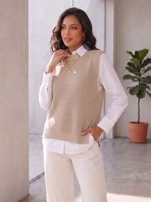 Women's Knitted Vest With Ribbed Crew Neck, Sleeveless, Casual And Elegant Knitwear For Autumn/Winter - 沙 - 查看 3