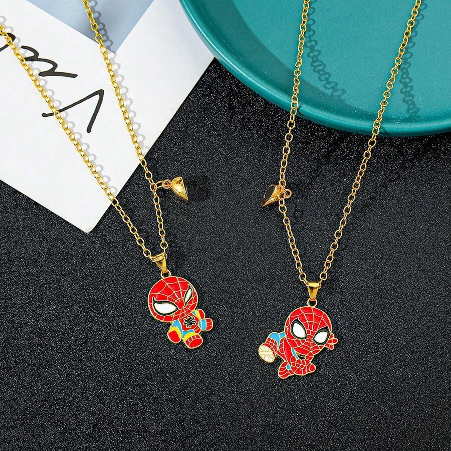 Marvel 1 Pair 2pcs/Set Spider-Man Anime Cartoon Heart Pendant Necklace, Suitable As Small Gift For Fans, Family And Friends, Cool Summer Pendant, Best Choice For Besties/Couples, Summer Vibe Daily Wear Accessory - Multicolor - View 1