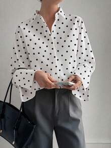 Elva 女款法式寬鬆白色波點長袖襯衫，商務面試通勤休閒隨性極簡優雅成熟風，適合春季度假 - 白色 - 查看 5