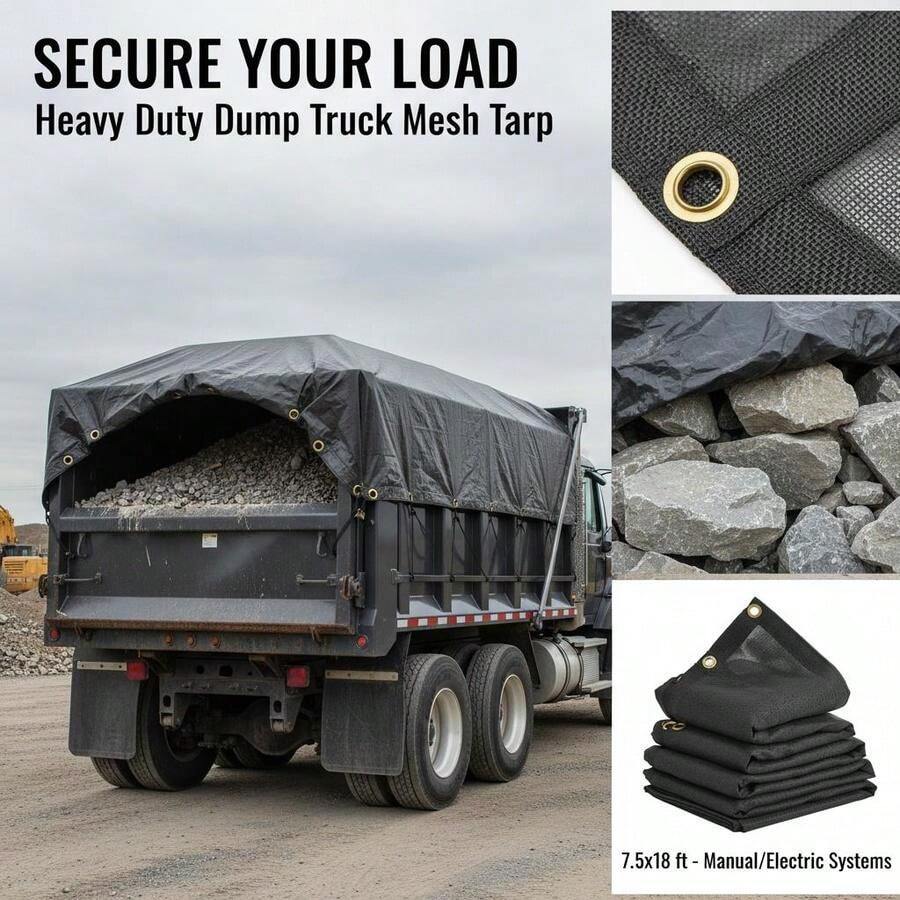 [Free Shipping] Cargo Netting 7.5x18 Ft For Flatbed Trailer Dump Truck Grain Truck PVC Coated Mesh Heavy Duty Fabric 5.5" Double Pocket Brass Grommets Reinforced Double Needle Stitch Webbing Fits Manual Automatic Systems-XY22003 - Default0 - View 1