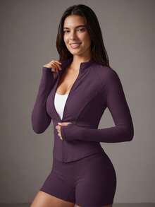 Soyun Women's One-Piece Yoga Top With Side Pockets, Fitted With Double Zipper Design, Suitable For Sports, Outdoor Yoga And Gatherings - Purple - View 4