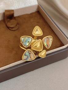 18k Gold Plated Stainless Steel Triangle Patchwork Abalone Shell Hollow Open Gold Ring, Stainless Steel Ring, Women's Ring, Vintage Jewelry, Designer Jewelry, Adjustable Ring, Gold Plated Ring, Suitable For Daily, Dating, Party, Vacation Season, Summer Jewelry, Beach Jewelry, Women's Beach Accessories, Birthday Gift, Girlfriend Gift, Bohemian Jewelry - Multicolor - View 5
