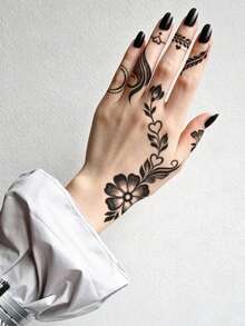 1 Pc Romantic Black Henna Floral Temporary Tattoo Set, Waterproof Long Lasting Fake Tattoo, Intricate Boho Body Art For Hands & Fingers - 黑色 - 查看 4