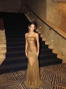 Women's Lace Patchwork Ruffle Elegant Waist Banquet Dress With Spaghetti Strap Wedding Party - Gold - View 9
