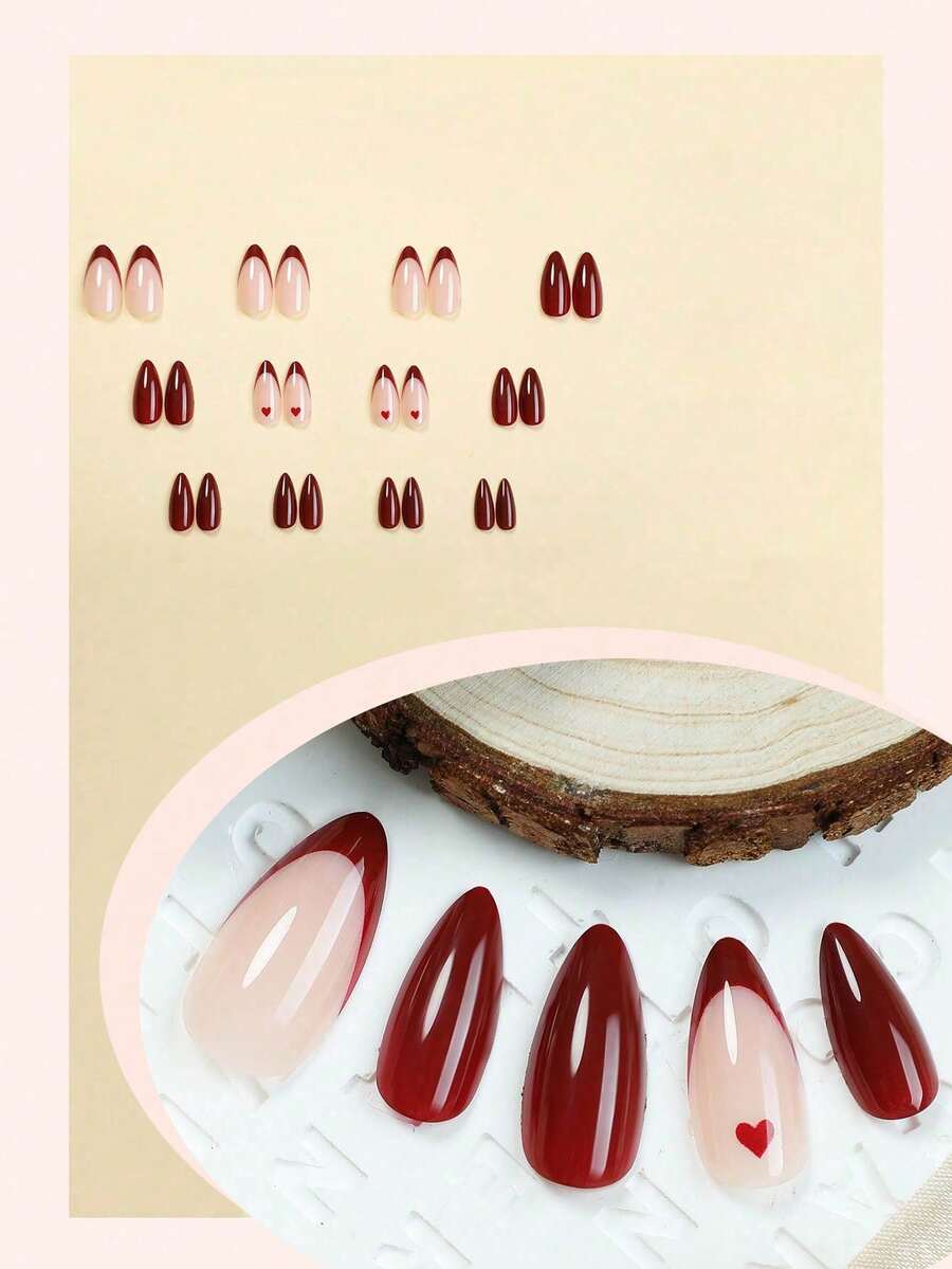 24片情人节美甲贴纸，红色法式尖头，中长杏仁形，红色爱心图案，简约风格，亮泽全覆盖，适合女性和女孩 - 包含指甲锉和凝胶，美甲用品，按压式美甲贴纸 - 紅色 - 查看 1