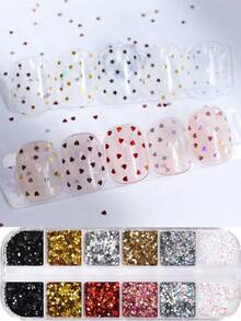 12-Grid 1mm Ultra-Mini Star & Heart Glitter Nail Art Sequins, Ultra-Thin Y2K Holographic Laser Gold Silver Pink Aurora Glitter, Small Heart Nail Decoration Accessories, Japanese Salon DIY Supplies - Multicolor - View 2