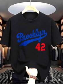 Vintage Brooklyn Blue Font,Below Is The Red Number Forty-Two,Easter Gift,Short-Sleeved Men's Party Attire,Suitable For Outdoor Activities. - Black - View 1